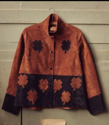 Vintage Suede Jacket with Clover Patchwork | Handmade Boho Statement Jacket