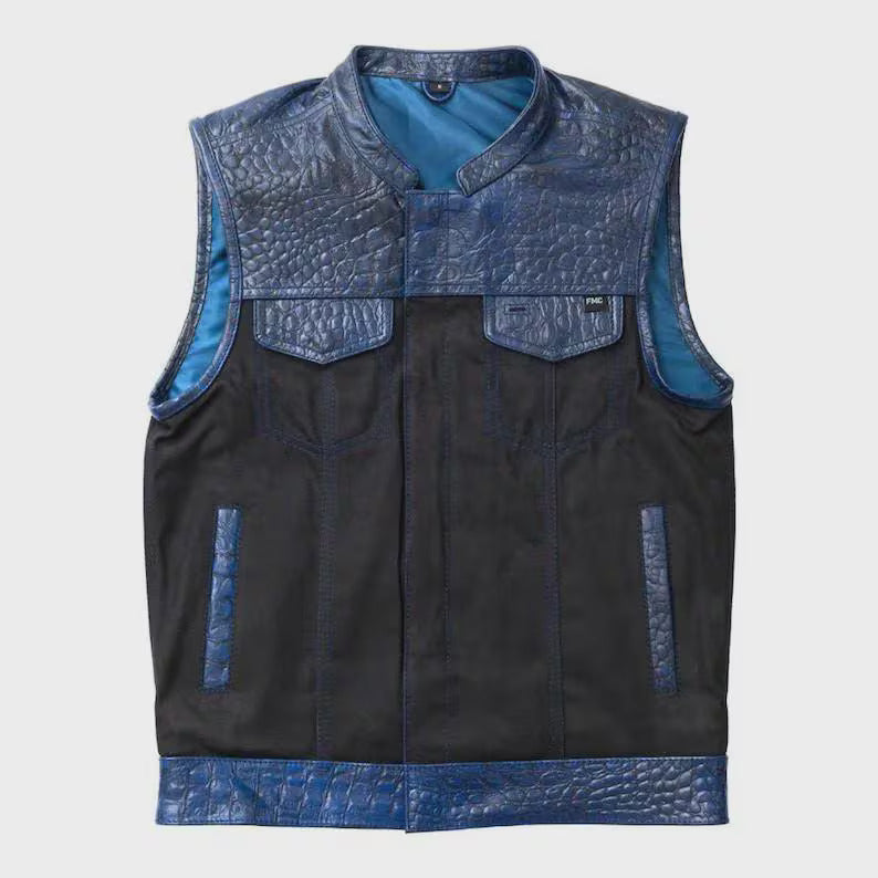 Men’s Leather Motorcycle Vest – Black & Blue Crocodile Pattern Biker Vest | Custom Cruiser Riding Gear