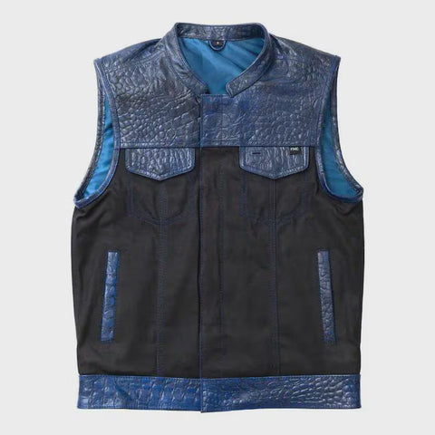 Men’s Leather Motorcycle Vest – Black & Blue Crocodile Pattern Biker Vest | Custom Cruiser Riding Gear