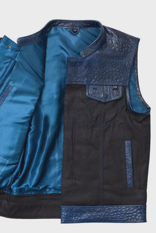 Men’s Leather Motorcycle Vest – Black & Blue Crocodile Pattern Biker Vest | Custom Cruiser Riding Gear