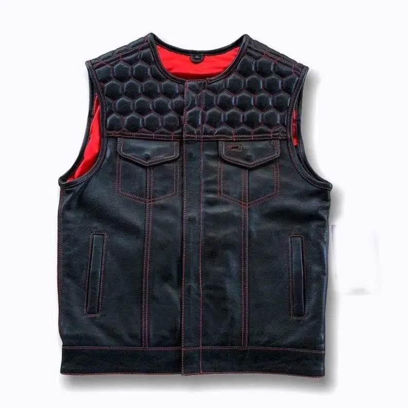 Men’s Genuine Leather Biker Vest Quilted Motorcycle Sleeveless Club Riding Waistcoat