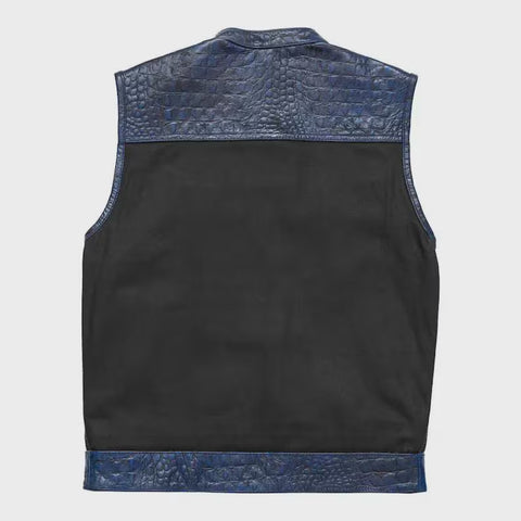 Men’s Leather Motorcycle Vest – Black & Blue Crocodile Pattern Biker Vest | Custom Cruiser Riding Gear