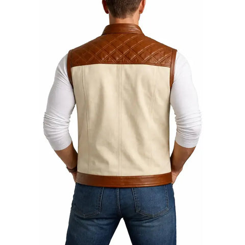 Men’s White Denim Brown Leather Motorcycle Vest Diamond Quilted Biker Club Style Riding Waistcoat