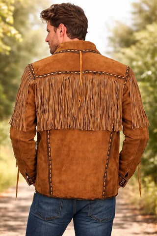 Men’s Genuine Suede Leather Fringe Jacket – Studded Western Cowboy Lace-Up Coat