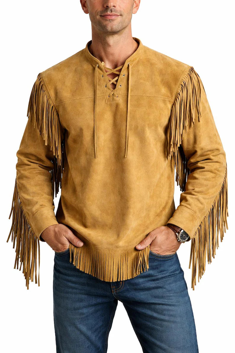 Men’s Genuine Suede Leather Fringe War Shirt – Native Style Lace-Up Western Powwow Regalia