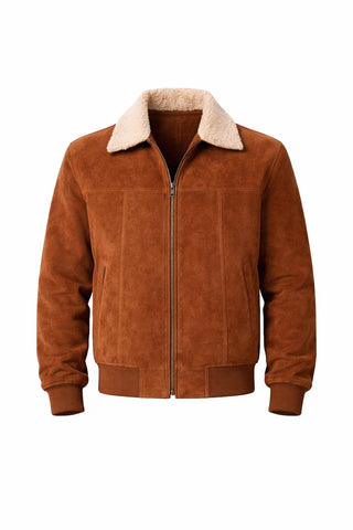 Mens Suede Bomber Jacket Sherpa Lined Zipper Ribbed Winter Coat Classic