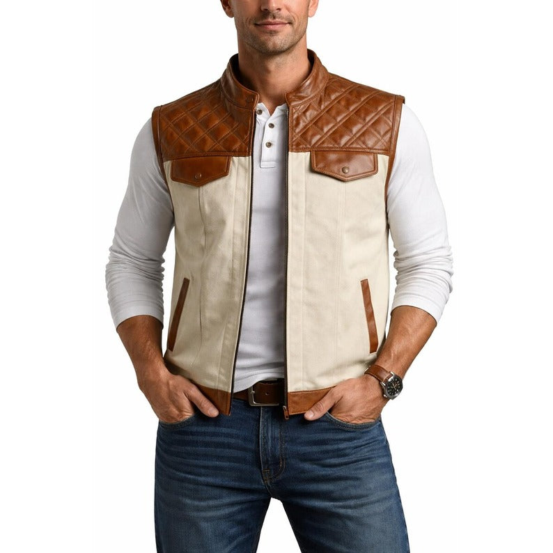 Men’s White Denim Brown Leather Motorcycle Vest Diamond Quilted Biker Club Style Riding Waistcoat