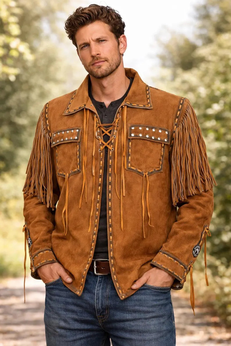 Men’s Genuine Suede Leather Fringe Jacket – Studded Western Cowboy Lace-Up Coat