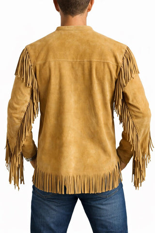 Men’s Genuine Suede Leather Fringe War Shirt – Native Style Lace-Up Western Powwow Regalia