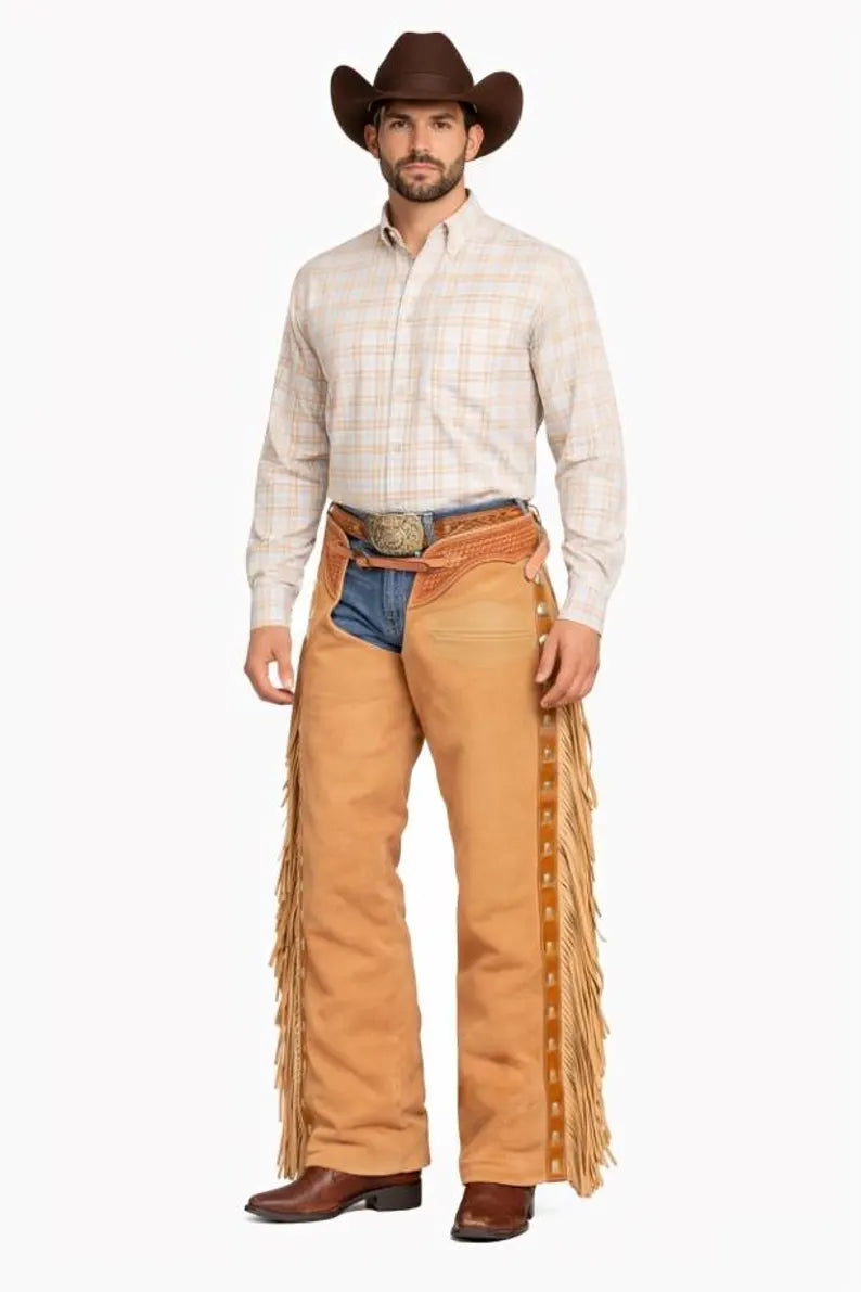 Handmade Western Suede Leather Chaps Cowboy Riding Fringe Chaps