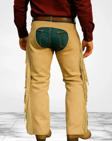 Men’s Western Leather Chaps with Fringe & Conchos – Rodeo Cowboy Riding Gear