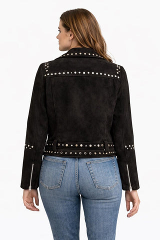 Women Black Suede Studded Biker Jacket – Western Motorcycle Belted Asymmetrical Zip Leather Jacket