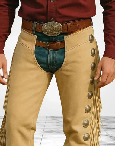 Men’s Western Leather Chaps with Fringe & Conchos – Rodeo Cowboy Riding Gear