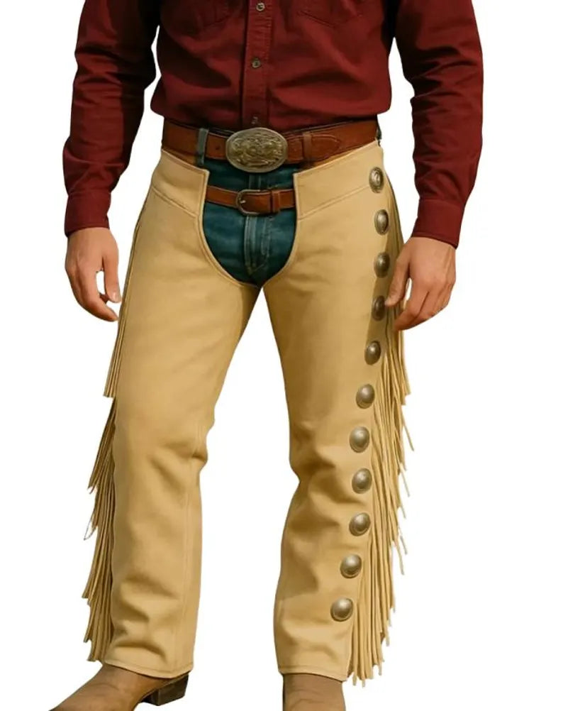 Men’s Western Leather Chaps with Fringe & Conchos – Rodeo Cowboy Riding Gear