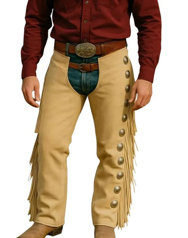 Men’s Western Leather Chaps with Fringe & Conchos – Rodeo Cowboy Riding Gear