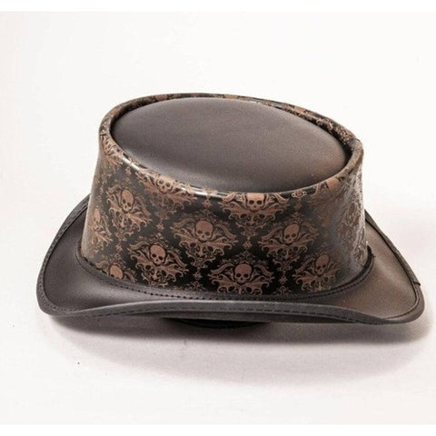 Leather Skull Engraved Top Hat Steampunk Gothic Victorian Cowhide Biker Cosplay Festival Hat