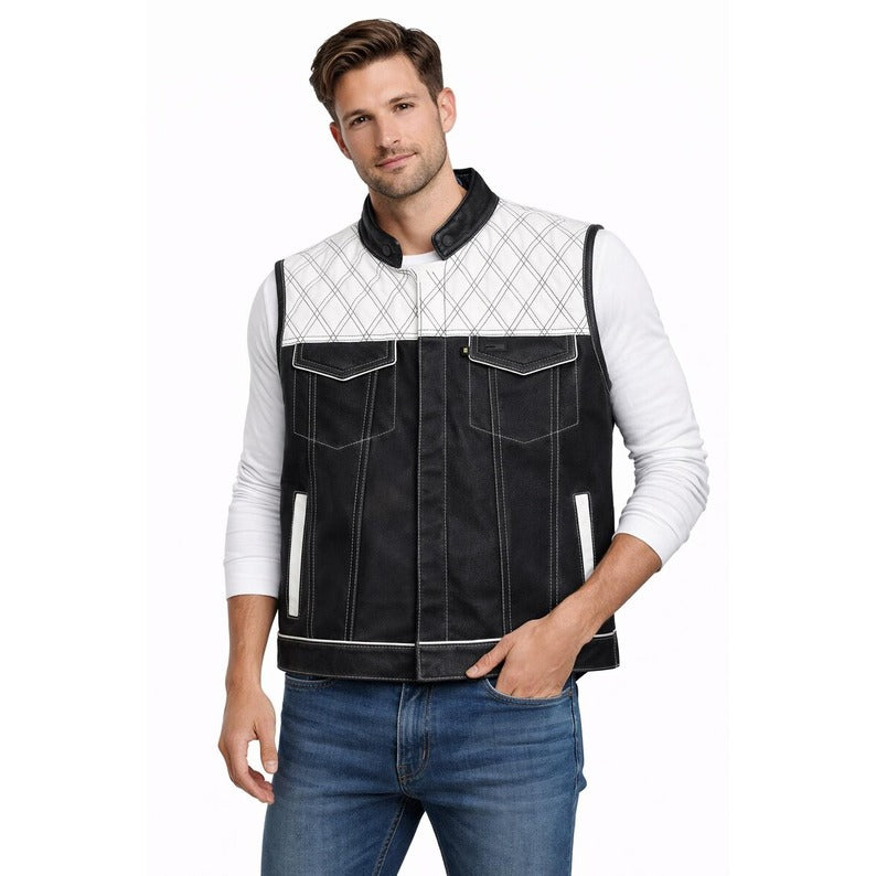 Mens Black Denim Leather Motorcycle Vest Diamond Quilted Club Style Biker Vest with Concealed Carry Pockets