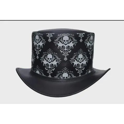 Handmade Black Cowhide Top Hat Red Skull Gothic Steampunk Biker Festival Cosplay Unisex