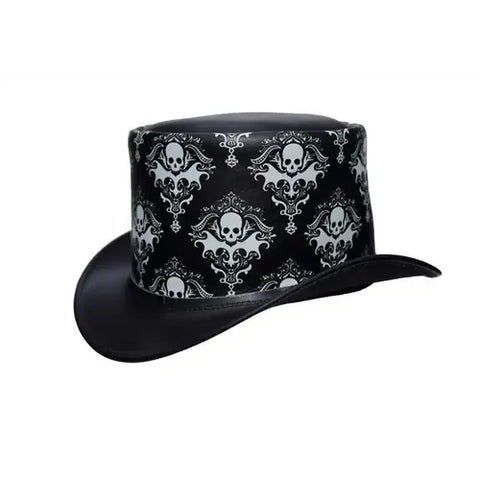 Handmade Black Cowhide Top Hat Red Skull Gothic Steampunk Biker Festival Cosplay Unisex