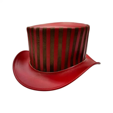 Red Brown Striped Leather Top Hat Steampunk Gothic Circus Ringmaster Hat
