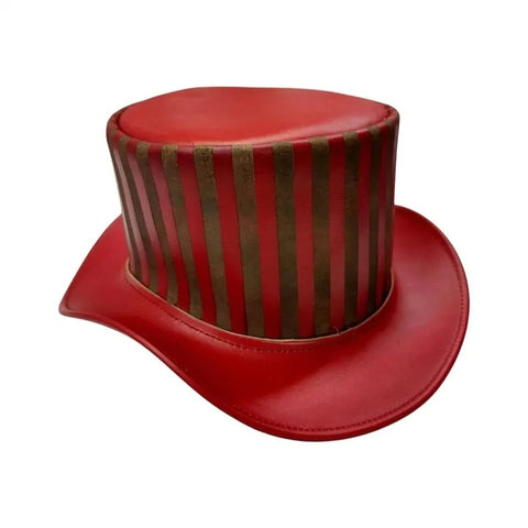 Red Brown Striped Leather Top Hat Steampunk Gothic Circus Ringmaster Hat