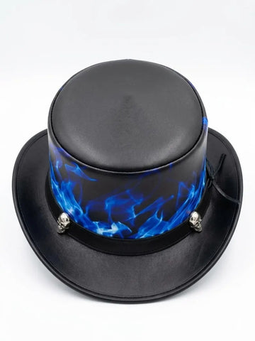 Black Leather Top Hat Blue Flame Skull Steampunk Gothic Biker Festival Hat