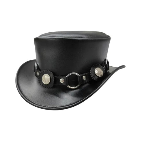 Black Leather Top Hat Steampunk Gothic Concho O Ring Biker Festival Hat