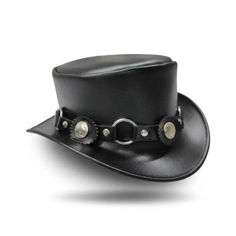 Black Leather Top Hat Steampunk Gothic Concho O Ring Biker Festival Hat