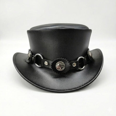 Black Leather Top Hat Steampunk Gothic Concho O Ring Biker Festival Hat
