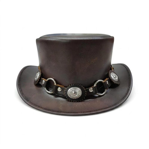 Brown Leather Top Hat Steampunk Gothic Concho O Ring Biker Festival Hat