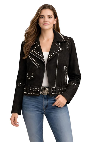 Women Black Suede Studded Biker Jacket – Western Motorcycle Belted Asymmetrical Zip Leather Jacket