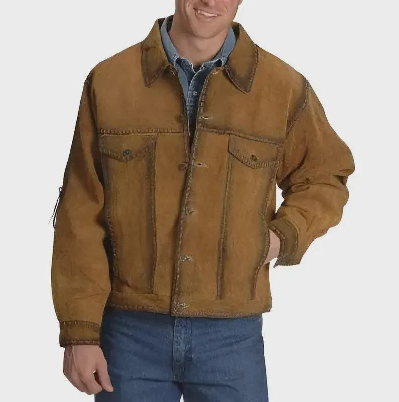 ILHAN LUXURY Men’s Vintage Brown Suede Leather Jacket – Western Style with Button Front & Chest Pockets