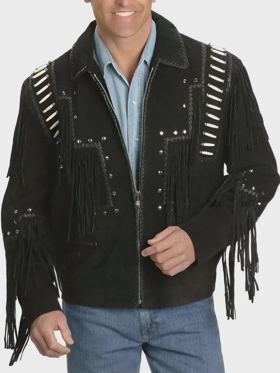 ILHAN LUXURY Men’s Black Suede Leather Fringe Jacket – Western Cowboy Style with Beads & Studs