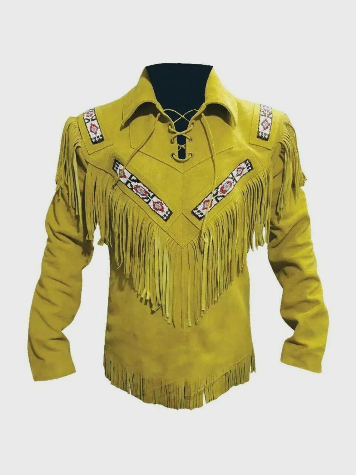 ILHAN LUXURY Men’s Mustard Yellow Suede Fringe Jacket – Handmade Western Cowboy Style with Long Fringes
