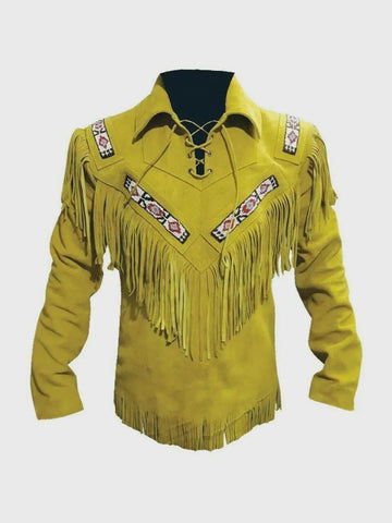 ILHAN LUXURY Men’s Mustard Yellow Suede Fringe Jacket – Handmade Western Cowboy Style with Long Fringes