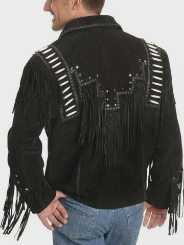 ILHAN LUXURY Men’s Black Suede Leather Fringe Jacket – Western Cowboy Style with Beads & Studs