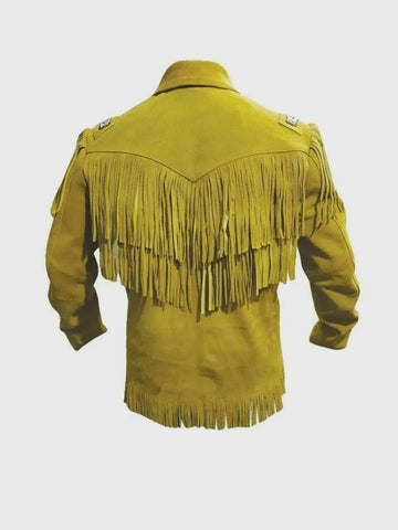 ILHAN LUXURY Men’s Mustard Yellow Suede Fringe Jacket – Handmade Western Cowboy Style with Long Fringes