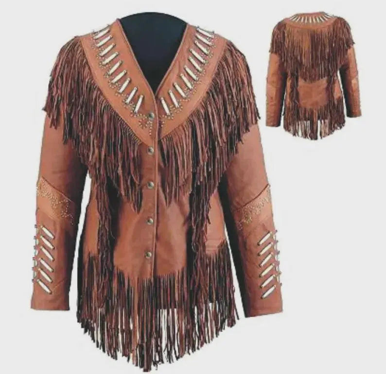 ILHAN LUXURY Brown Leather Fringe Jacket_ Western Cowgirl Style with Bone & Bead Detail
