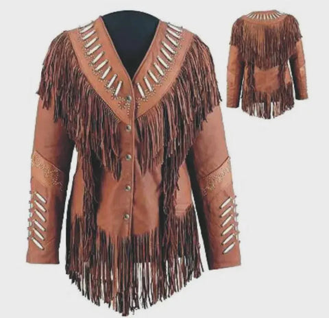ILHAN LUXURY Brown Leather Fringe Jacket_ Western Cowgirl Style with Bone & Bead Detail
