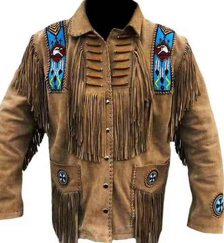 Mens cowboy Handmade Suede Leather Jacket With Fringes Brown Mountain cowhide Leather Jacket Coat