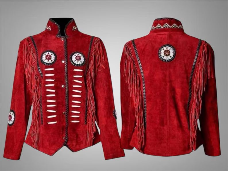 Ilhan Luxury women's weastern cowgirl reddish maroon leather jacket coat With Fringes And Beads