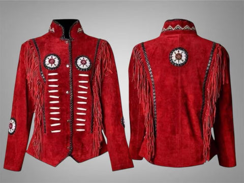 Ilhan Luxury women's weastern cowgirl reddish maroon leather jacket coat With Fringes And Beads