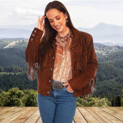 Ilhan Luxury Suede Fringe Jacket Western Cowgirl Style Vintage Retro Coat