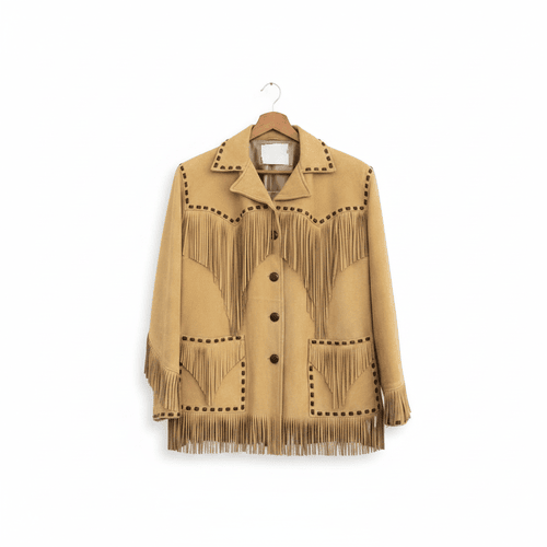 Mens Suede Fringe Jacket Western 60s Vintage Whipstitch Cowboy Coat Button Front Style