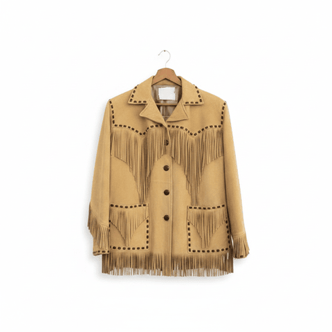 Mens Suede Fringe Jacket Western 60s Vintage Whipstitch Cowboy Coat Button Front Style