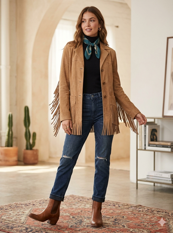 Women’s Premium Suede Western Jacket  Genuine Leather Classic Fitted Blazer Coat with Curved Yokes and Pocket Fringe