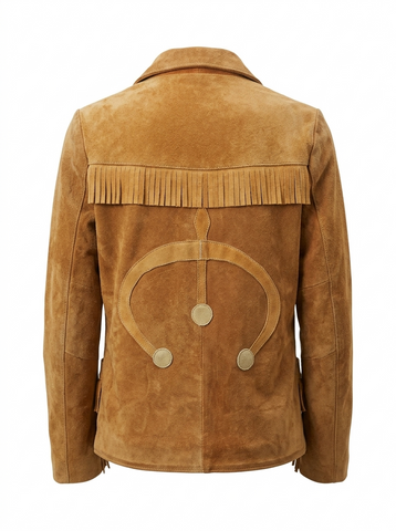 Women’s Vintage Suede Western Jacket  Genuine Leather Fringe Coat with Warm Shearling Lining and Arrow Detailing