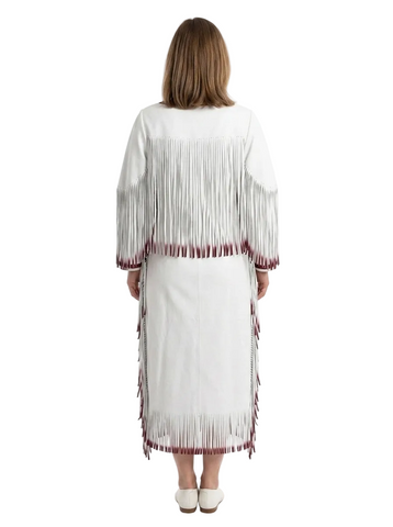 Women’s Long Genuine Leather Fringe Dress – White Maxi Dress with Traditional Geometric Design