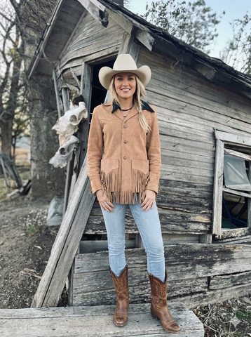 Women’s Premium Suede Western Jacket  Four Button Genuine Leather Blazer Coat with Pointed Yokes and Heavy Pocket Fringe