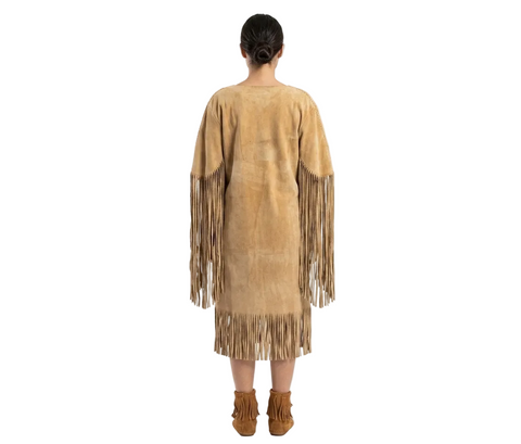 Women’s Long Genuine Suede Leather Fringe Dress | Handcrafted Vintage Western Maxi Dress